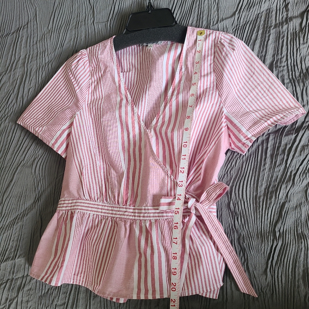 Madewell Cotton Read and White Strip Short Sleeve Wrap top Side Tie Size S - Picture 4 of 11